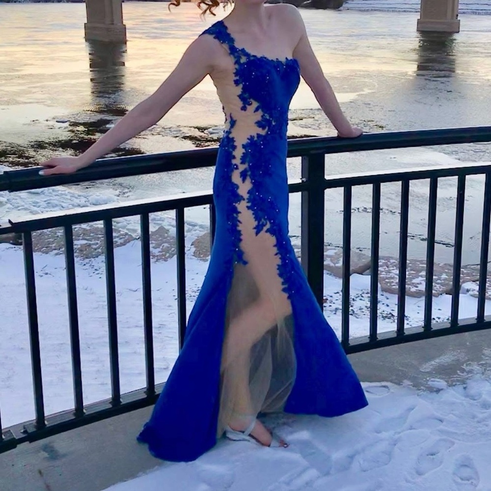 One Shoulder Blue and Cream Dress